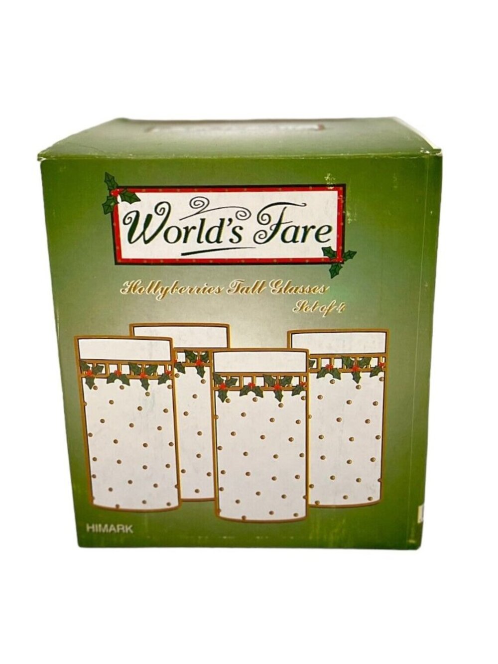 Set of 4 HiMark Hollyberries Tall Glasses Hand Painted Christmas Worlds Fare NOS